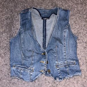 Jean vest size L, fluffy vest size M, shirt size S, $12 each